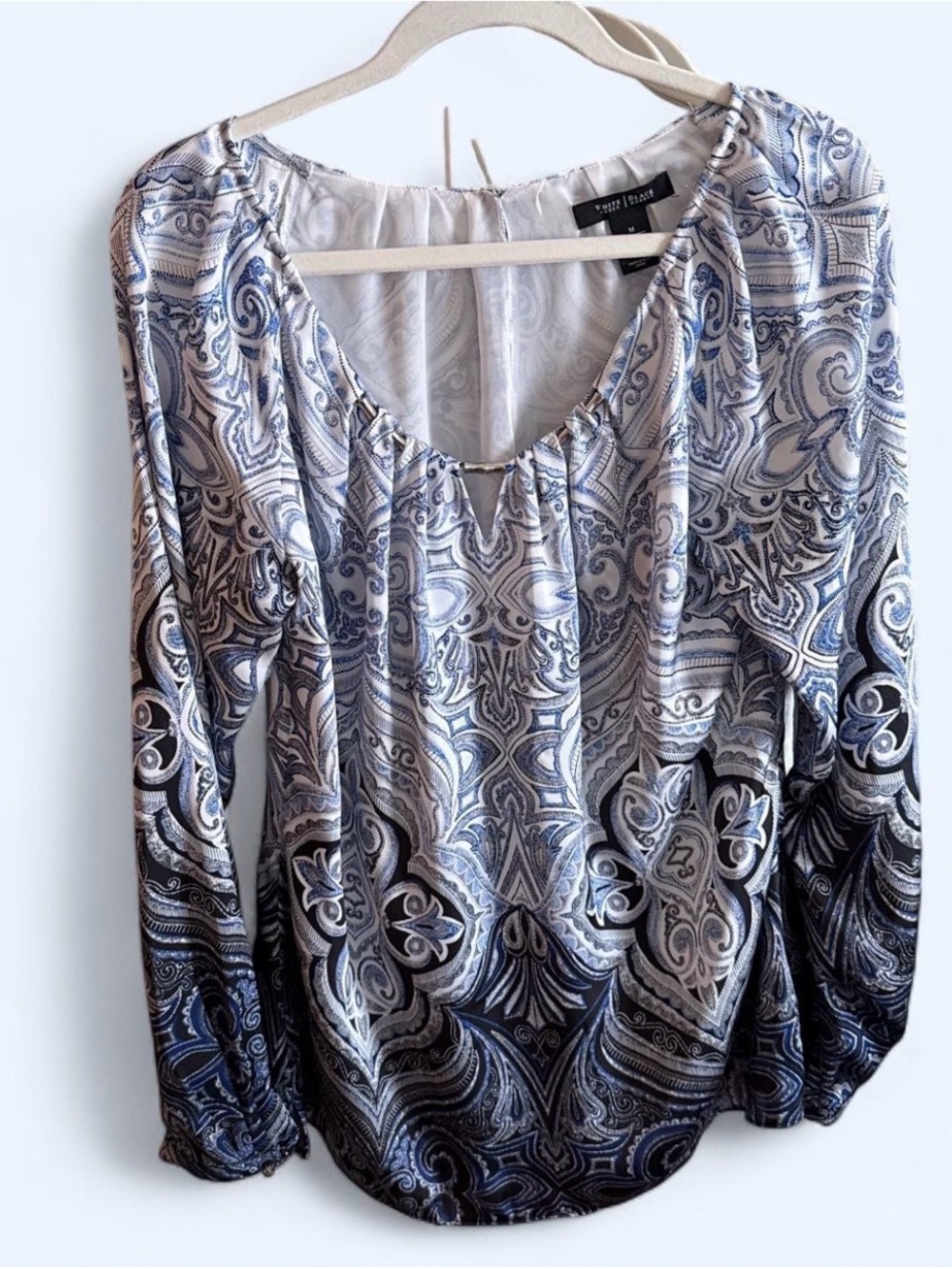 White House Black Market Blue and White Paisley Long-Sleeve Blouse